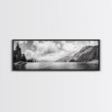 Mountain Lake, Forest Panorama, Serene Wilderness, Framed Canvas Print, Nature Lover Wall Art, Rustic Lodge Decor, Neutral Palette