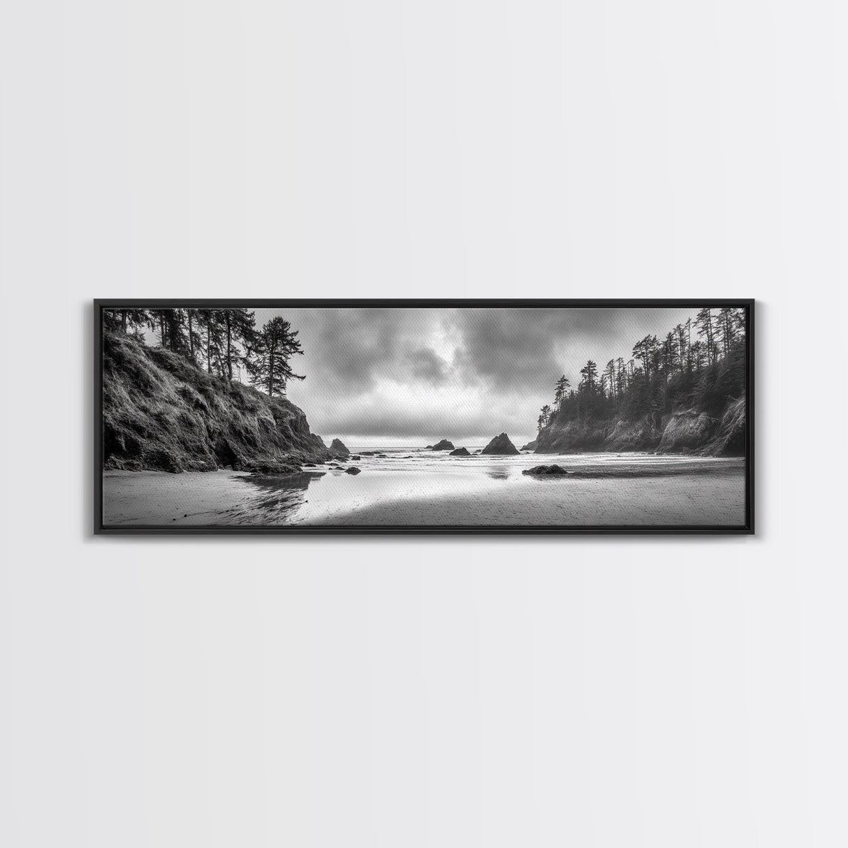 Misty Coastline, Dramatic Shore, Moody Ocean Scene, Framed Canvas Print, Coastal Living Room Art, Black and White Nature Decor