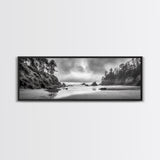Misty Coastline, Dramatic Shore, Moody Ocean Scene, Framed Canvas Print, Coastal Living Room Art, Black and White Nature Decor