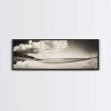 Cloudy Beach, Sandy Shoreline, Coastal Serenity, Framed Canvas Print, Neutral Tones Wall Art, Minimalist Bathroom or Hallway Decor