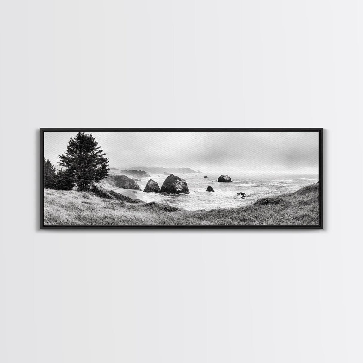 Rocky Coastline Mist, Ocean Cliffs, Foggy Seascape, Moody Decor, Canvas Print, Coastal Wall Art, Nature Photography, Living Room Decor