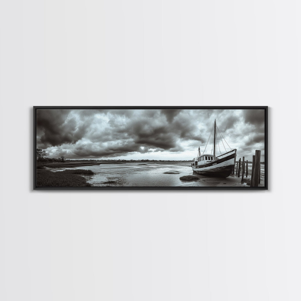 Abandoned Fishing Boat, Coastal Storm Scene, Rustic Nautical Decor, Framed Canvas Print, Beach House Art, Autumn Decor, Moody Wall Print