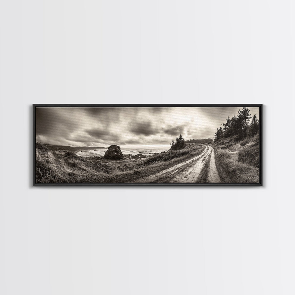 Coastal Road Journey, Overcast Ocean View, Scenic Drive Art, Framed Canvas Print, Fall Landscape Wall Art, Nature Lover, Living Room Decor