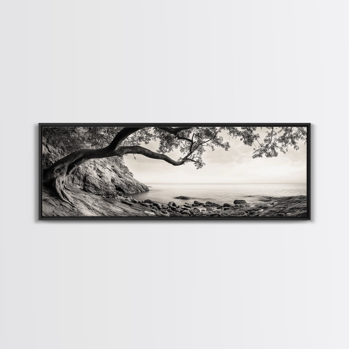 Tree By The Sea, Ocean Cliff, Black And White Nature, Framed Canvas Print, Coastal Wall Decor, Minimalist Art, Tranquil Bedroom Print