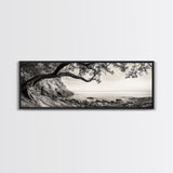 Tree By The Sea, Ocean Cliff, Black And White Nature, Framed Canvas Print, Coastal Wall Decor, Minimalist Art, Tranquil Bedroom Print