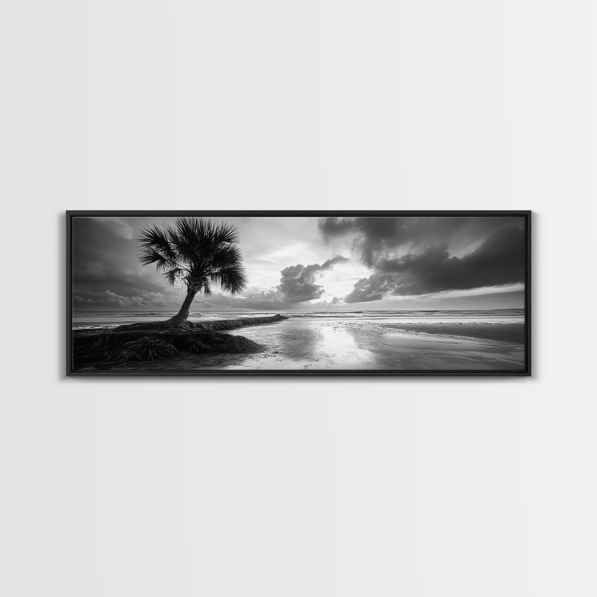 Solitary Palm Tree, Ocean Storm, Moody Landscape, Beach Wall Decor, Framed Canvas Print, Coastal Living Room Art, Monochrome Photography