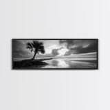Solitary Palm Tree, Ocean Storm, Moody Landscape, Beach Wall Decor, Framed Canvas Print, Coastal Living Room Art, Monochrome Photography