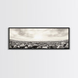 Pebble Shoreline, Soft Horizon, Beach Sunrise, Calm Coastal Decor, Framed Canvas Print, Neutral Tones, Bedroom Wall Art, Nature Minimalism