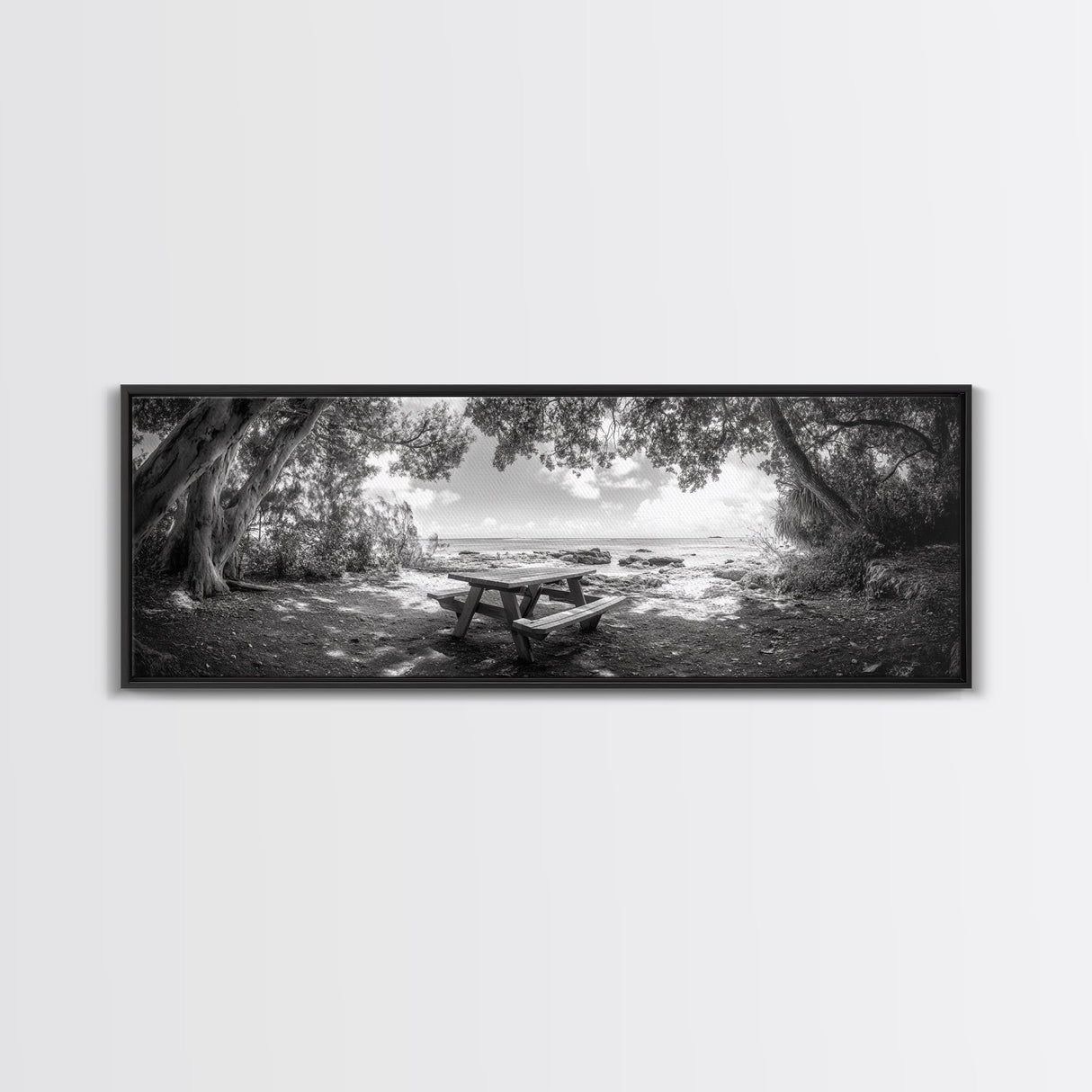 Secluded Picnic Spot, Ocean View, Tranquil Escape, Nature Sanctuary Art, Framed Canvas Print, Kitchen Wall Decor, Coastal Forest Vibe
