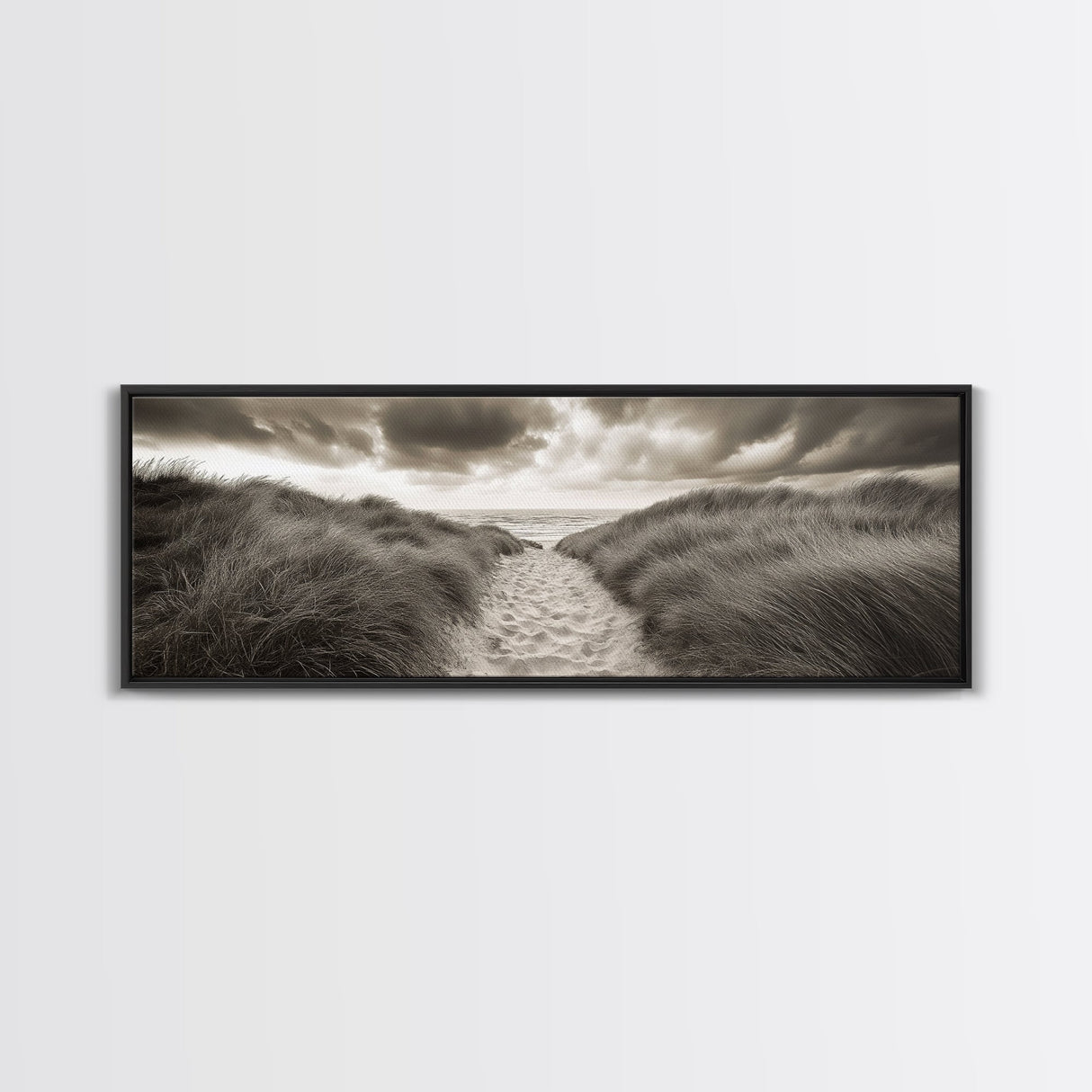 Sandy Dune Path, Grassy Trail, Seaside Journey, Beach Nature Scene, Framed Canvas Print, Minimalist Wall Art, Autumn Coastal Decor