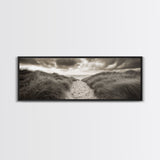 Sandy Dune Path, Grassy Trail, Seaside Journey, Beach Nature Scene, Framed Canvas Print, Minimalist Wall Art, Autumn Coastal Decor