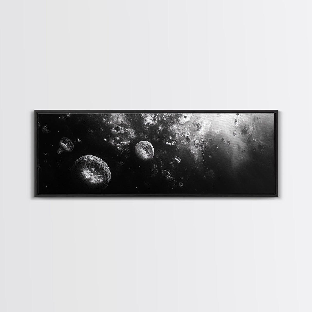 Jellyfish Dreams, Ocean Depths, Abstract Motion, Canvas Print, Coastal Bathroom Art, Nautical Theme, Moody Black and White Sea Life