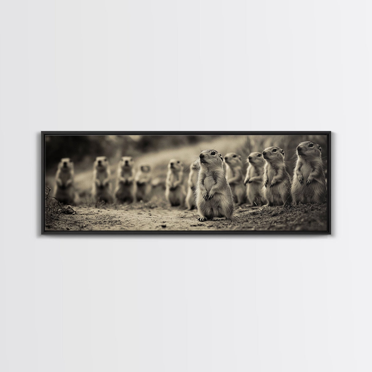 Prairie Dogs, Whimsical Critters, Nature Gathered, Canvas Print, Kids Room Art, Cute Animal Decor, Playful Black and White Art