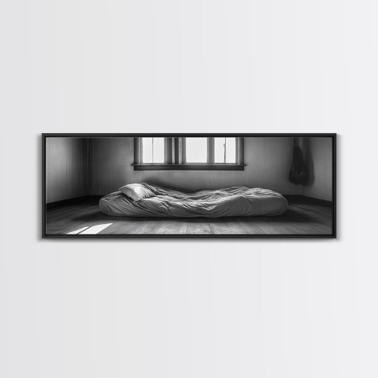 Minimalist Bedroom, Simple Living, Monochrome Bed, Peaceful Morning, Framed Canvas Print, Bedroom Wall Art, Moody Art, Farmhouse Art
