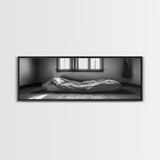 Minimalist Bedroom, Simple Living, Monochrome Bed, Peaceful Morning, Framed Canvas Print, Bedroom Wall Art, Moody Art, Farmhouse Art
