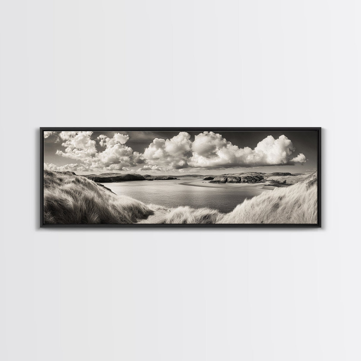 Misty Lake, Peaceful Shore, Cloud Reflections, Canvas Print, Black and White Nature Art, Coastal Landscape, Bedroom Wall Art, Minimalist Decor