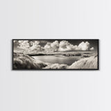 Misty Lake, Peaceful Shore, Cloud Reflections, Canvas Print, Black and White Nature Art, Coastal Landscape, Bedroom Wall Art, Minimalist Decor