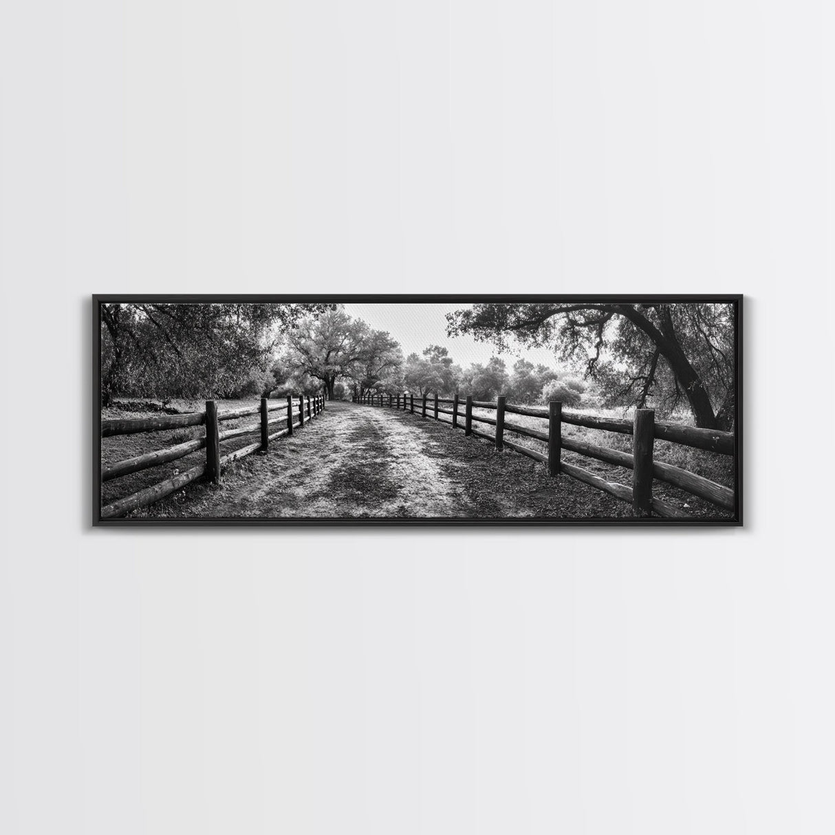 Tree Tunnel, Country Path, Fence Shadows, Framed Canvas Print, Black and White Nature Art, Rustic Wall Art, Autumn Entryway Decor