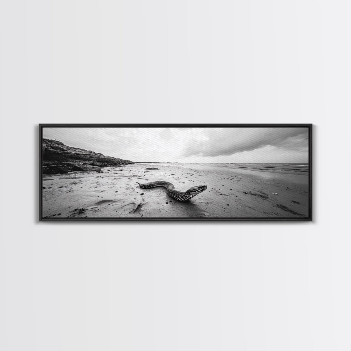 Snake On Beach, Coastal Wildlife, Dramatic Black and White, Framed Canvas Print, Nature Wall Art, Minimalist Decor, Office Statement Art