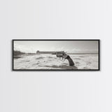 Revolver On Beach, Western Vibes, Americana Style, Framed Canvas Print, Man Cave Wall Art, Bold Statement Decor, Coastal Contrast