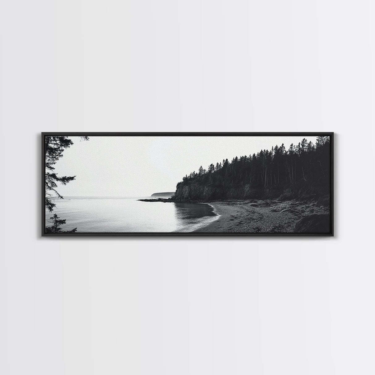 Forest Cliffs, Quiet Bay, Monochrome Coast, Canvas Print, Nature Photography, Modern Rustic Wall Art, Entryway or Office Decor