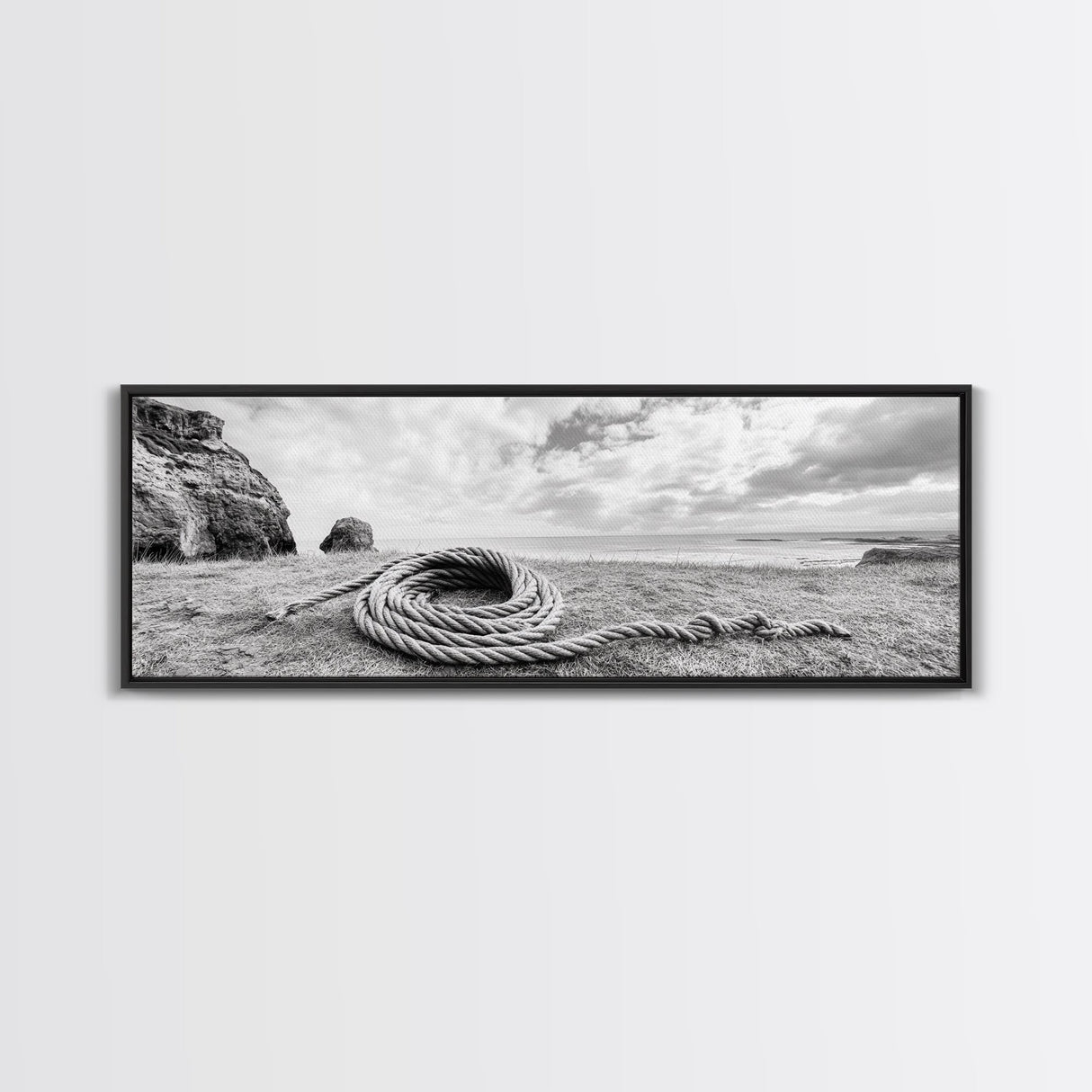 Coastal Rope, Windswept Bluff, Seaside Grass, Framed Canvas Print, Beach House Art, Nautical Decor, Neutral Living Room Style