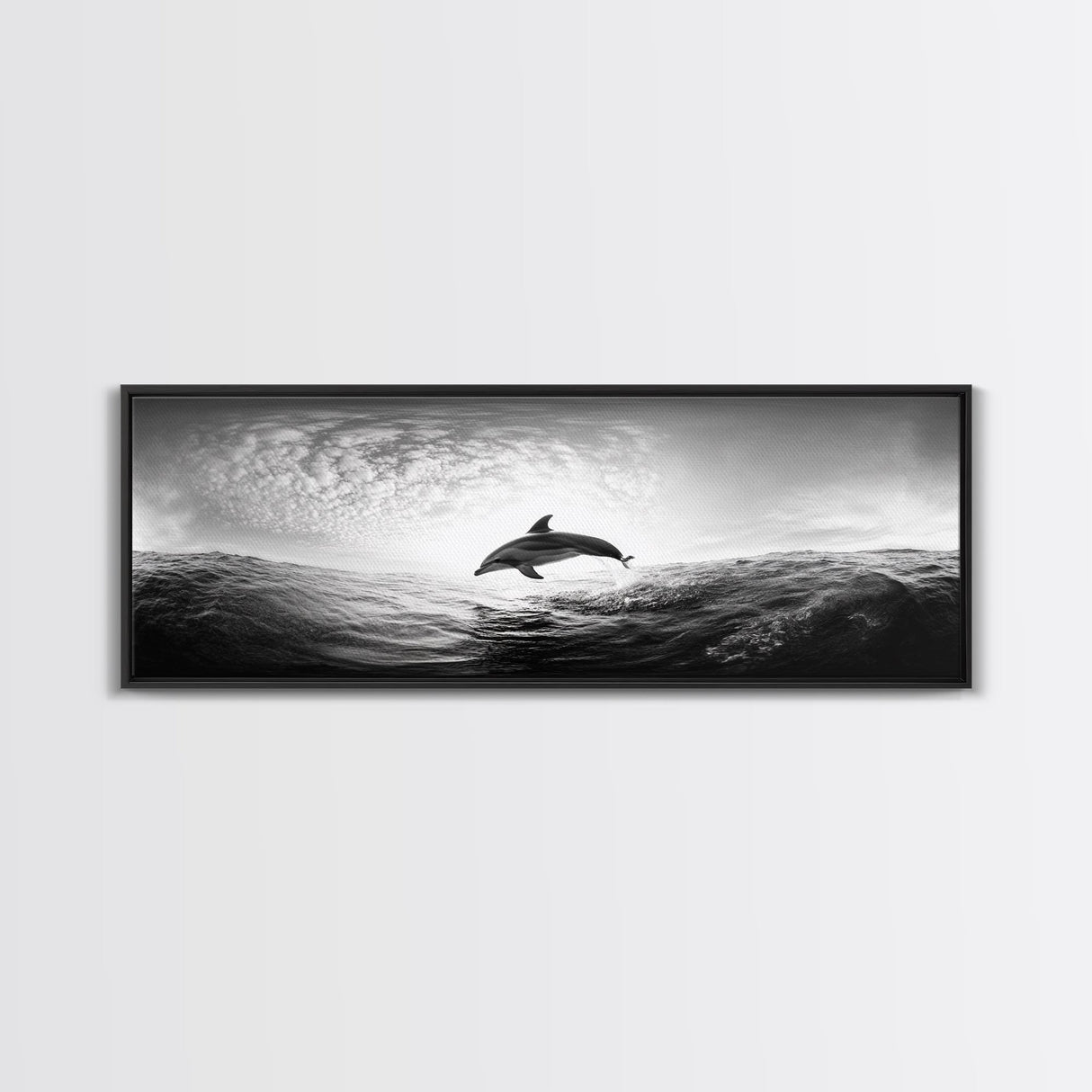 Ocean Dolphin Jump, Seascape Art, Black White Photography, Coastal Wall Decor, Canvas Print, Minimalist Bathroom Wall Art, Nautical Style