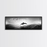 Ocean Dolphin Jump, Seascape Art, Black White Photography, Coastal Wall Decor, Canvas Print, Minimalist Bathroom Wall Art, Nautical Style