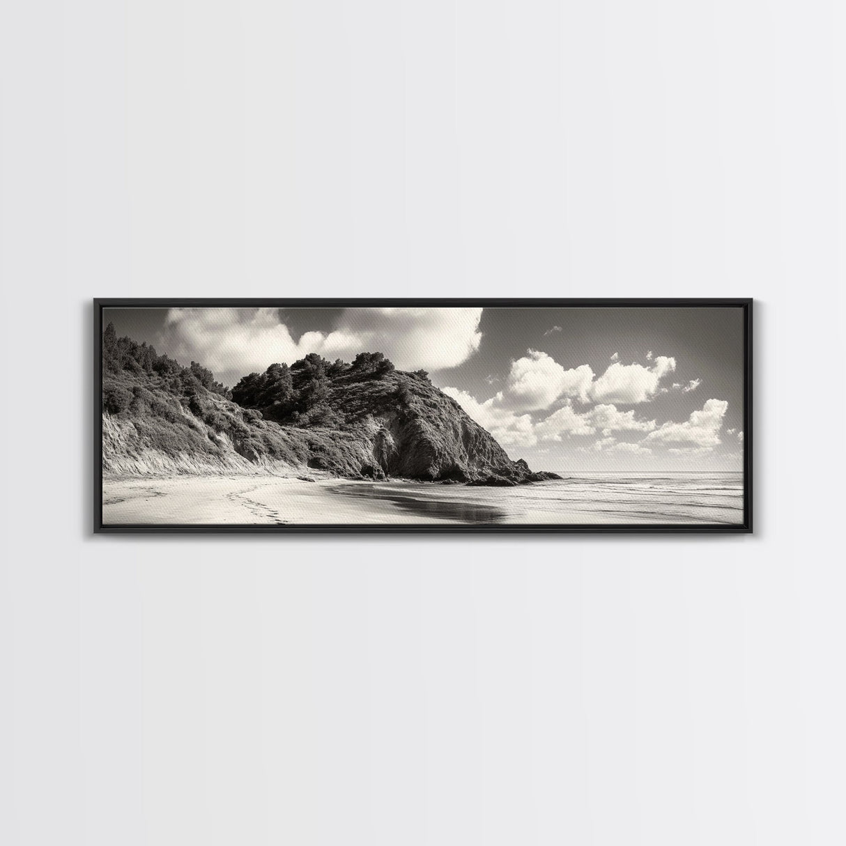 Seaside Cliff, Pine Hills, Sandy Beach, Canvas Print, Coastal Landscape Art, Modern Nature Decor, Beach House Living Room Style