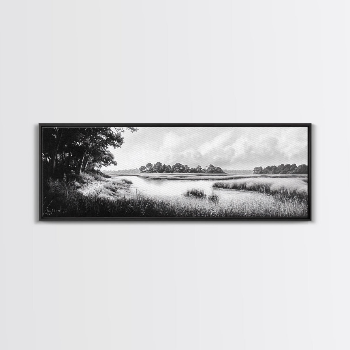 Marsh Scene, Grassy Shore, Tree Lined Path, Canvas Print, Nature Landscape Art, Rustic Cabin Decor, Peaceful Living Room Style