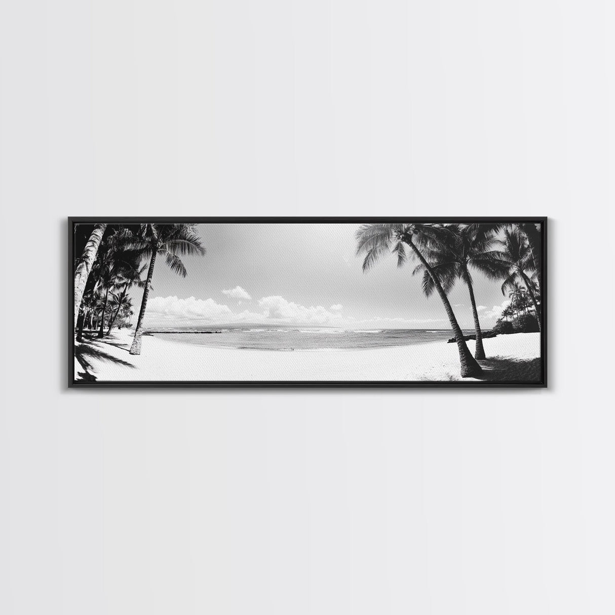 Tropical Beach Scene, Palm Tree Horizon, Ocean Serenity, Island Life, Framed Canvas Print, Coastal Wall Art, Living Room Decor, Minimalist Vibe