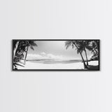 Tropical Beach Scene, Palm Tree Horizon, Ocean Serenity, Island Life, Framed Canvas Print, Coastal Wall Art, Living Room Decor, Minimalist Vibe