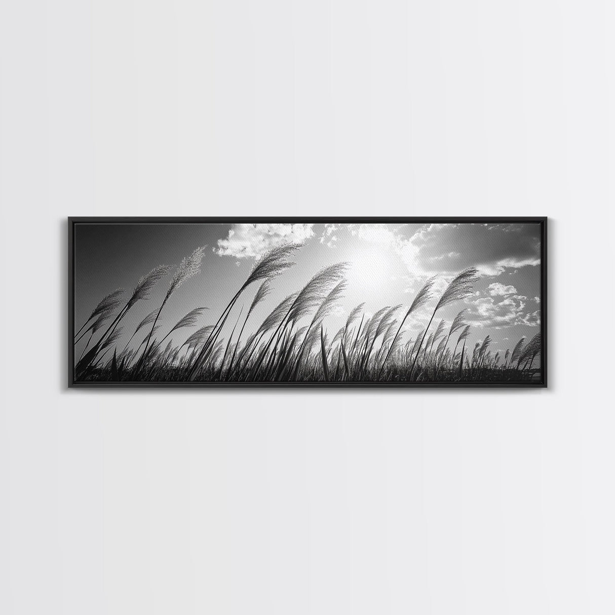 Windy Grass Field, Sunlit Sky, Nature Movement, Prairie Glow, Framed Canvas Print, Fall Wall Art, Living Room Decor, Boho Rustic Aesthetic