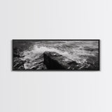 Crashing Waves Rock, Coastal Seascape, Ocean Photography, Black White Art, Framed Canvas Print, Nautical Bathroom Wall Decor