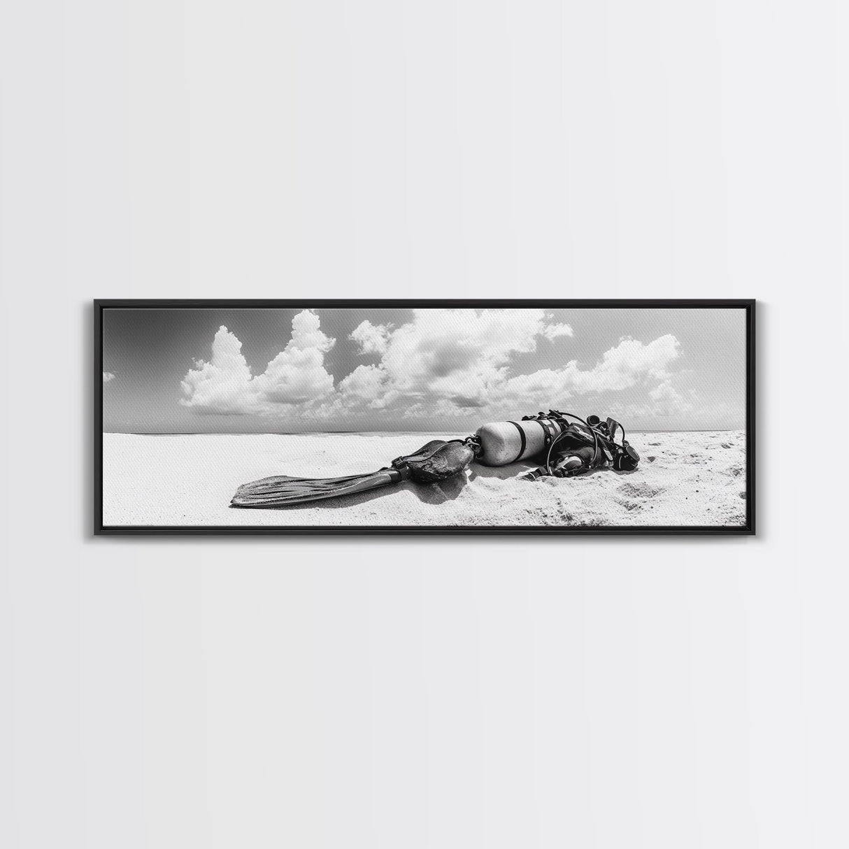 Scuba Gear, Deserted Beach, Ocean Explorer, Framed Canvas Print, minimalist beach decor, scuba diver gift, ocean wall art, travel lover art