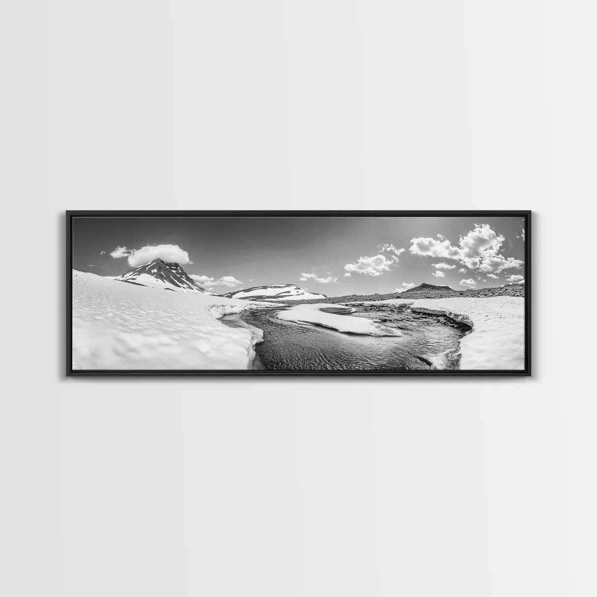 Arctic Stream, Mountain Snow, Clear Sky, Framed Canvas Print, Scandinavian decor, nature wall art, winter bedroom print, cool color tones