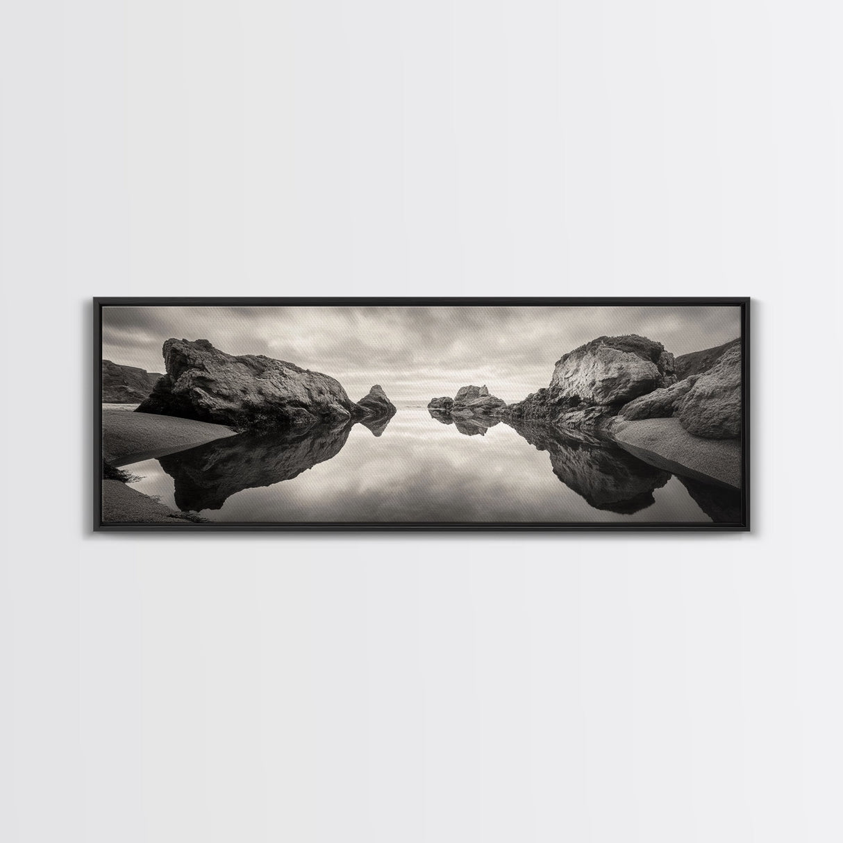 Rock Reflection, Coastal Tranquility, Nature Mirror, Framed Canvas Print, black and white coastal art, zen bathroom decor, moody ocean wall art