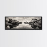 Rock Reflection, Coastal Tranquility, Nature Mirror, Framed Canvas Print, black and white coastal art, zen bathroom decor, moody ocean wall art