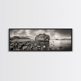 Island Shoreline, Rocky Coast View, Monochrome Nature, Framed Canvas Print, coastal kitchen decor, moody mountain beach wall art
