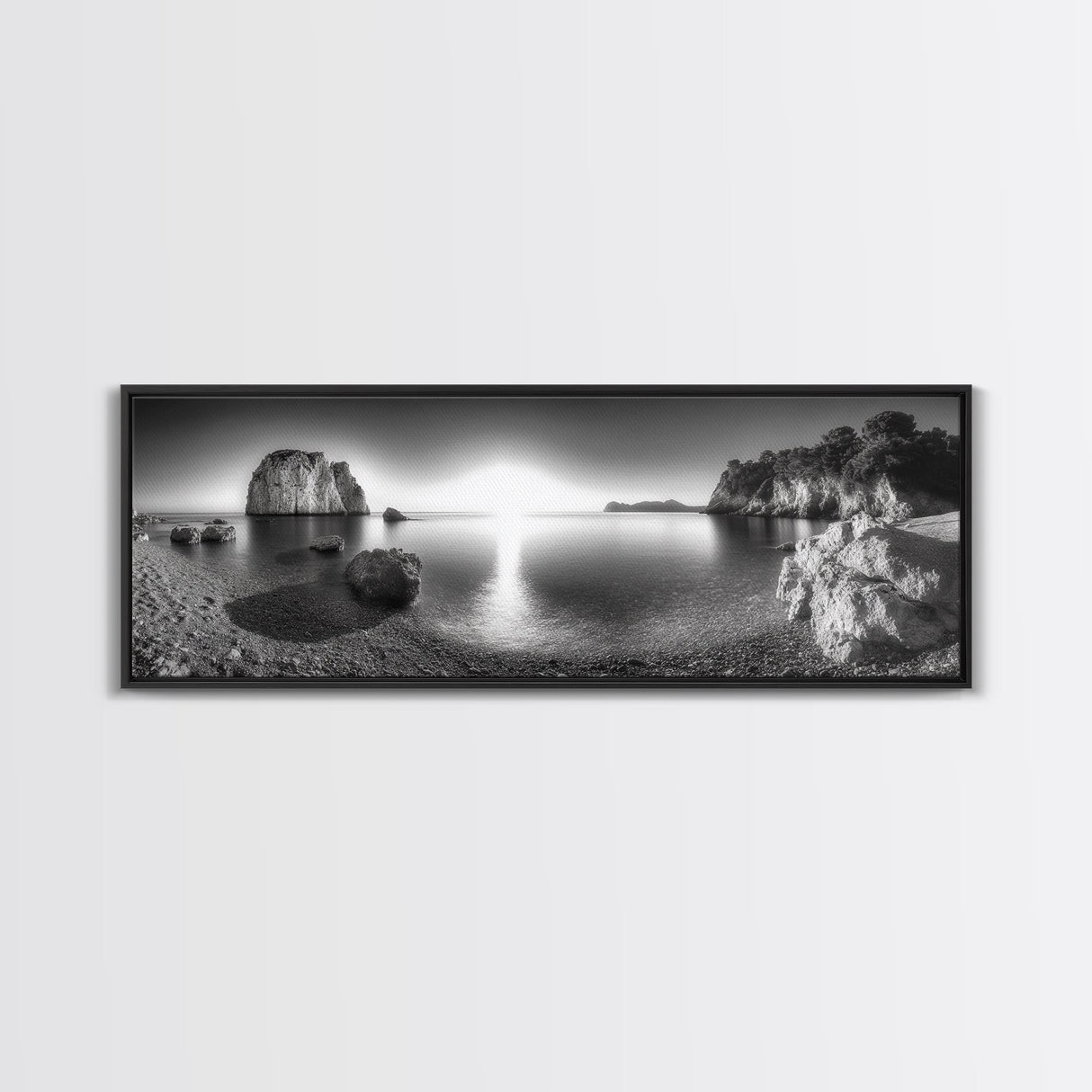Seaside Sunrise, Rocky Beach Calm, Coastal Light, Canvas Print, peaceful ocean decor, minimalist sunrise wall art, zen meditation space