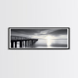 Ocean Pier, Tranquil Horizon, Serene Seascape, Framed Canvas Print, black and white beach wall art, bedroom coastal minimalism