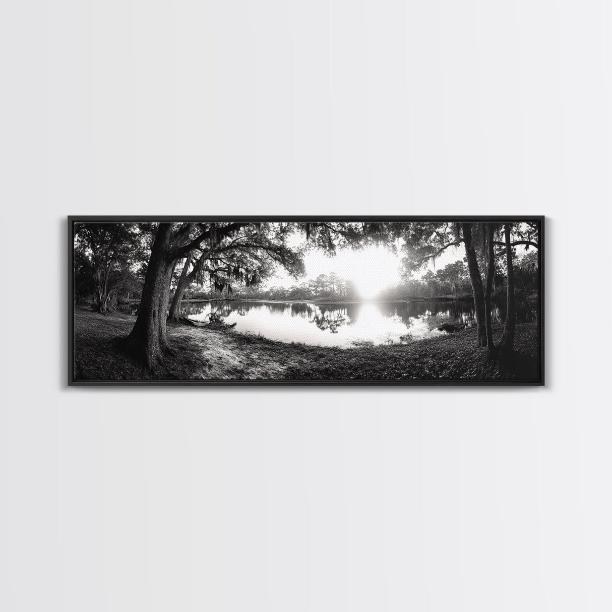 River Sunset, Mossy Trees, Tranquil Reflection, Framed Canvas Print, southern forest wall art, peaceful living room decor, rustic boho vibe