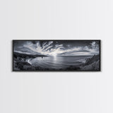 Cloudy Horizon, Wide Ocean View, Coastal Cliffs, Framed Canvas Print, dramatic seascape wall art, coastal kitchen decor, black and white