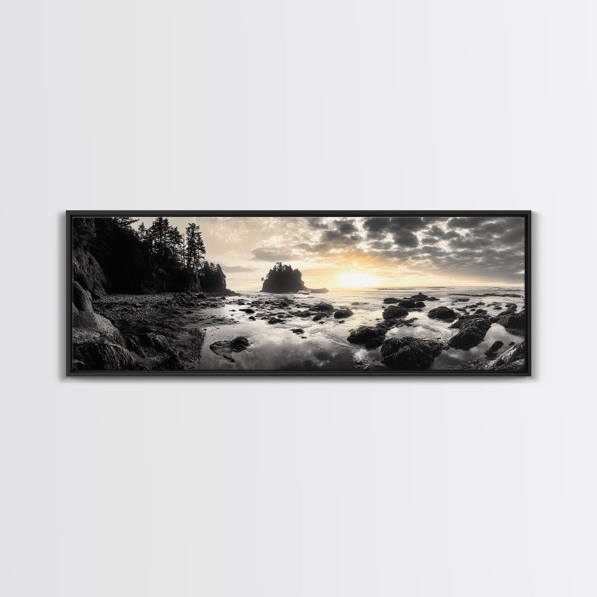 Sunset Shoreline, Moody Rocks, Forested Coast, Framed Canvas Print, nature lover gift, fall coastal art, rustic bathroom wall decor
