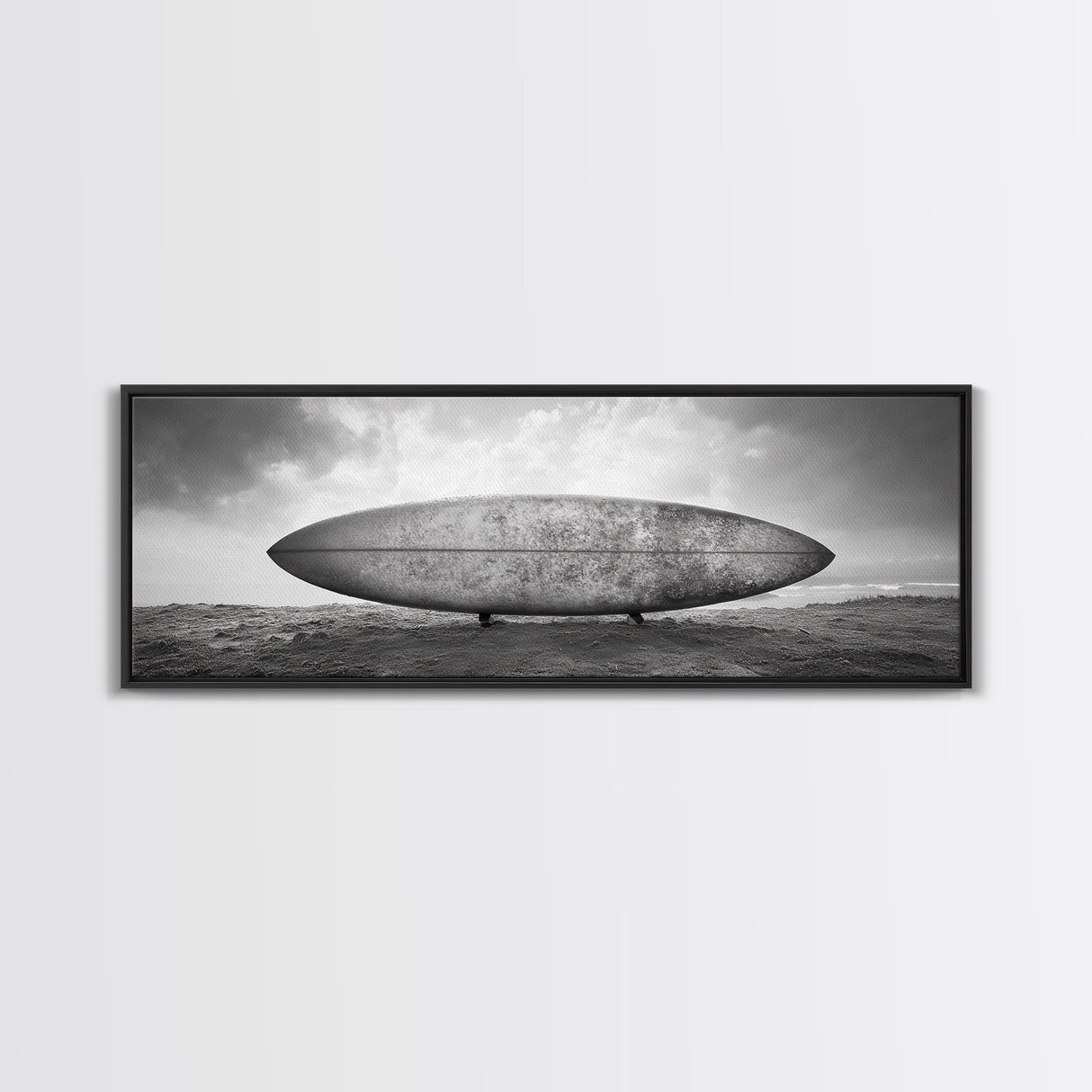 Surfboard Alone, Beach Sand, Cloudy Sky, Framed Canvas Print, minimalist surf art, coastal man cave decor, surf lover gift idea