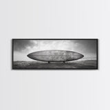 Surfboard Alone, Beach Sand, Cloudy Sky, Framed Canvas Print, minimalist surf art, coastal man cave decor, surf lover gift idea