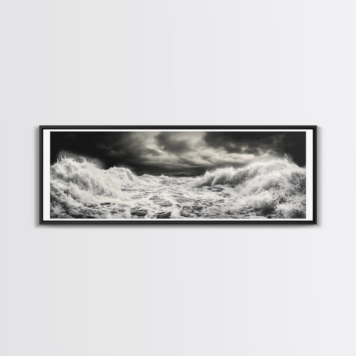 Storm Waves, Moody Sea, Ocean Power, Canvas Print, dramatic bathroom wall art, black and white seascape, coastal energy room decor