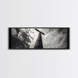 Utility Pole Sky, Urban Minimalism, Power Lines, Framed Canvas Print, Industrial Wall Art, Office Decor, Monochrome Photography