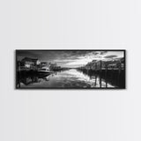 Fishing Dock, Quiet Marina, Waterside Village, Canvas Print, Nautical Wall Art, Lake House Decor, Black and White Photography