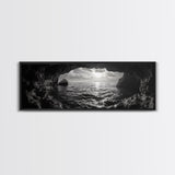 Ocean Cave, Horizon View, Seascape Tunnel, Sunset Waters, Framed Canvas Print, Coastal Bathroom Art, Nature Lover Gift, Minimal Decor